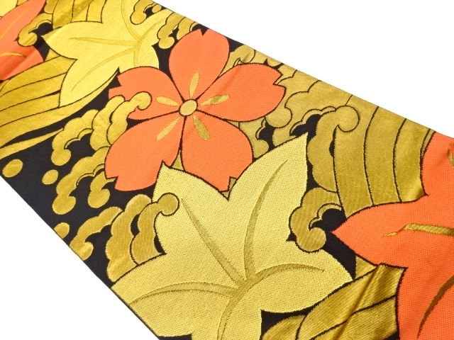 織悦製　荒波に花模様織出し袋帯